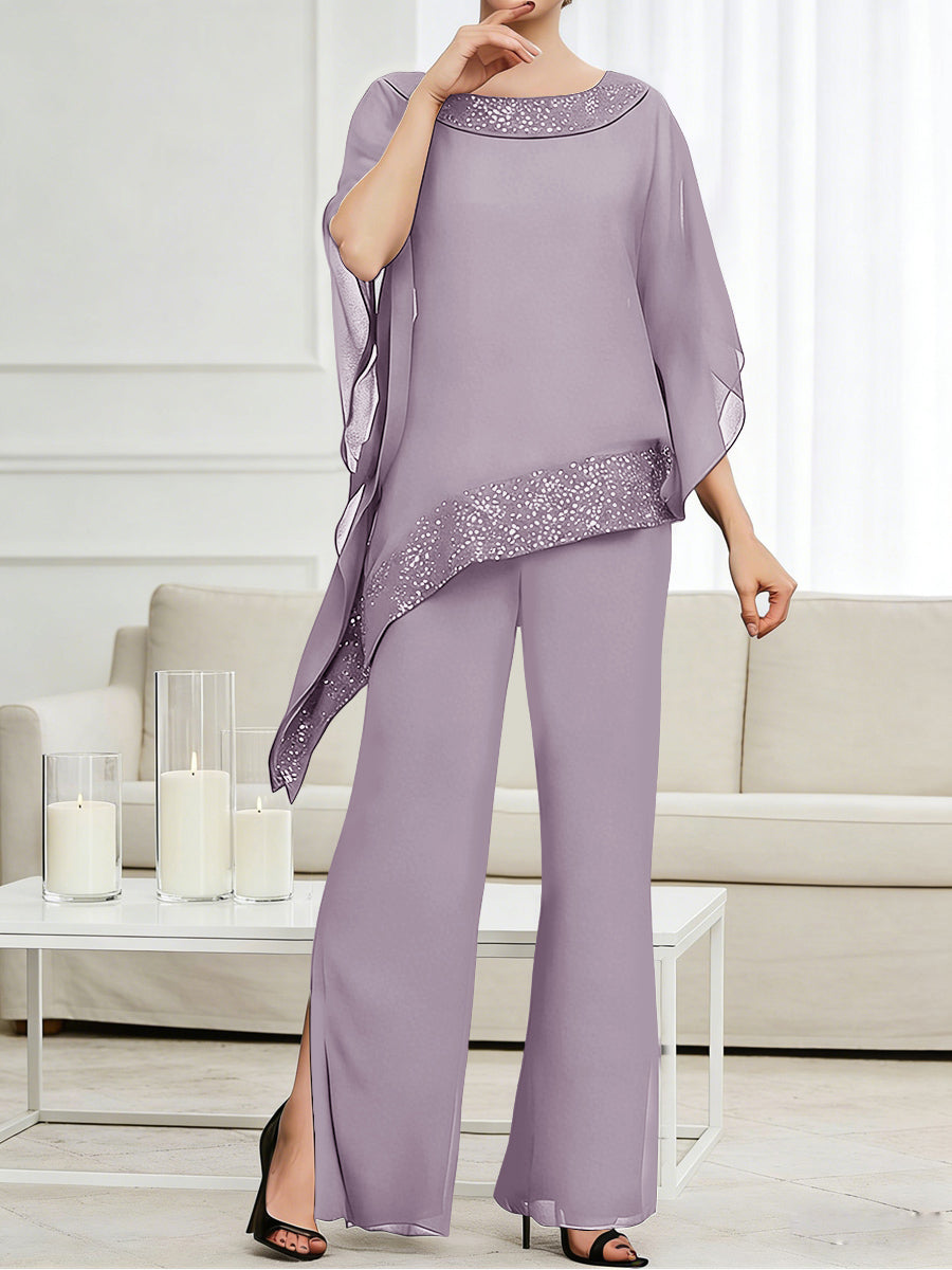 Pantsuits Separates Scoop Neck Sequins Asymmetrical Ankle-Length Mother of the Bride Dress with Slit (SHI22500132)