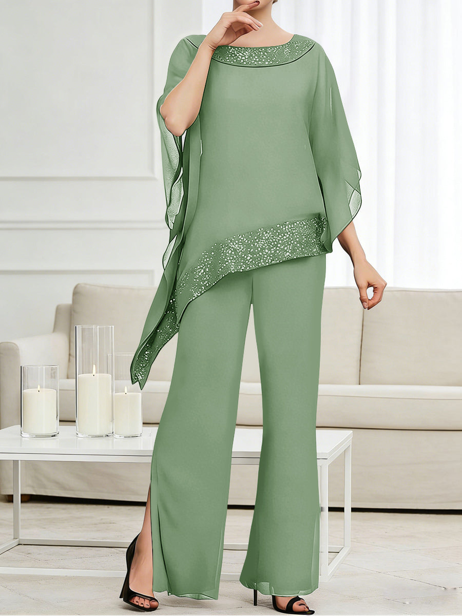 Pantsuits Separates Scoop Neck Sequins Asymmetrical Ankle-Length Mother of the Bride Dress with Slit (SHI22500132)
