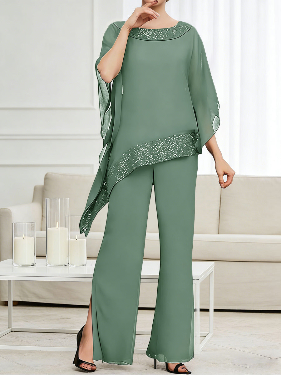 Pantsuits Separates Scoop Neck Sequins Asymmetrical Ankle-Length Mother of the Bride Dress with Slit (SHI22500132)