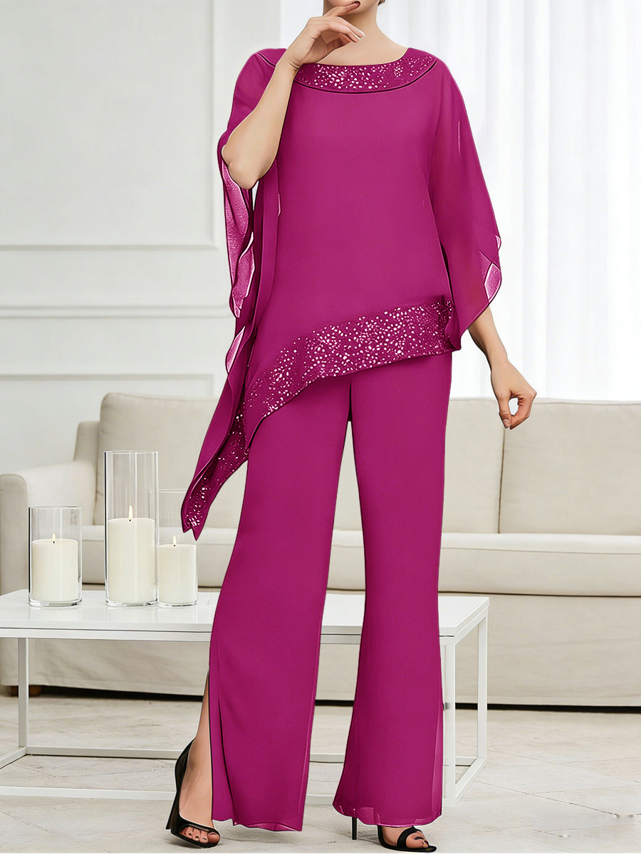 Pantsuits Separates Scoop Neck Sequins Asymmetrical Ankle-Length Mother of the Bride Dress with Slit (SHI22500132)