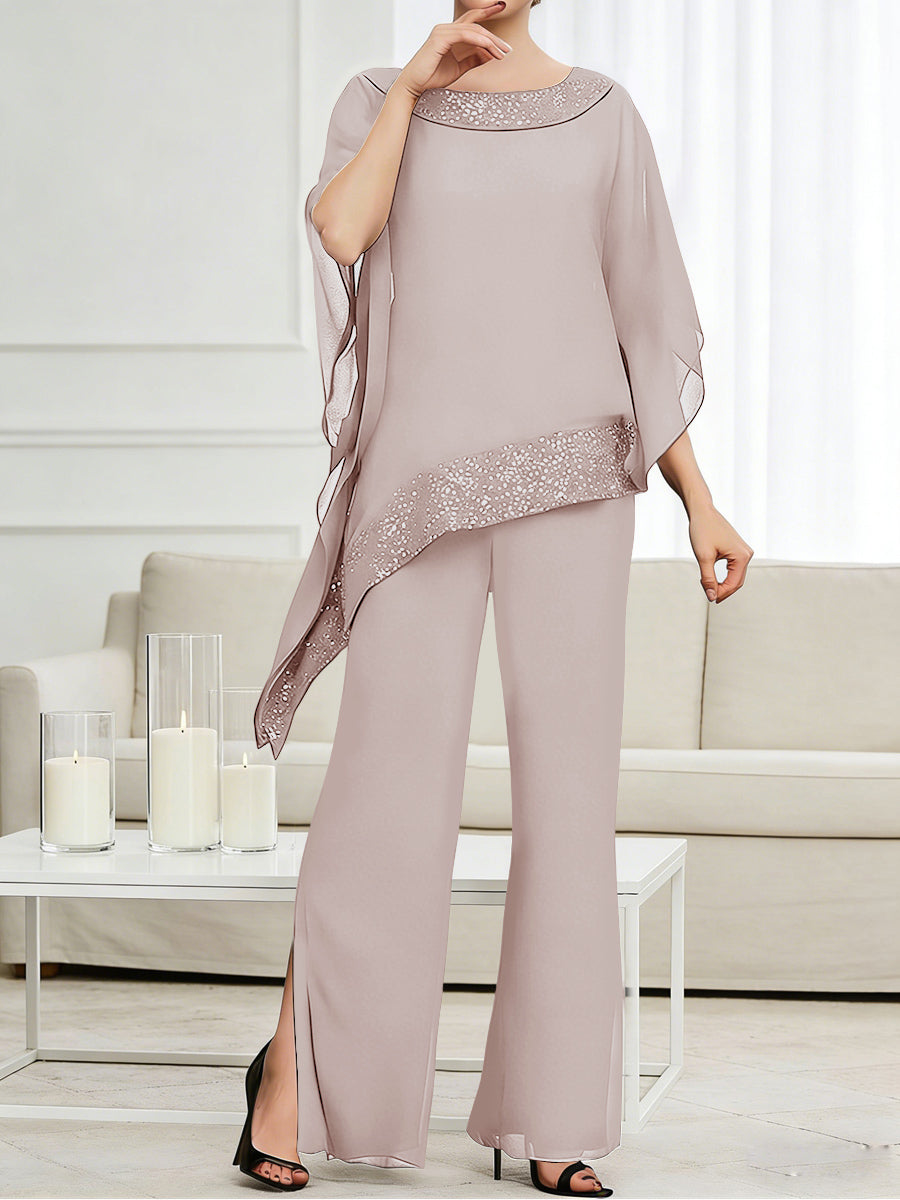 Pantsuits Separates Scoop Neck Sequins Asymmetrical Ankle-Length Mother of the Bride Dress with Slit (SHI22500132)