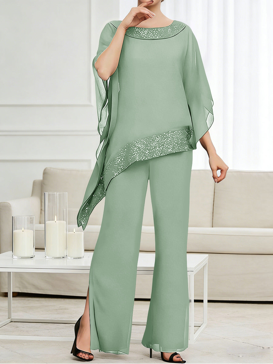 Pantsuits Separates Scoop Neck Sequins Asymmetrical Ankle-Length Mother of the Bride Dress with Slit (SHI22500132)