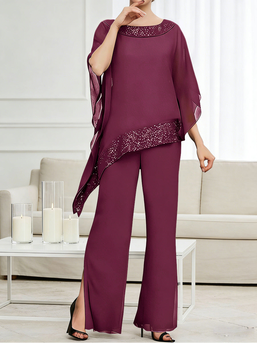 Pantsuits Separates Scoop Neck Sequins Asymmetrical Ankle-Length Mother of the Bride Dress with Slit (SHI22500132)
