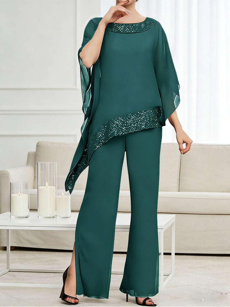 Pantsuits Separates Scoop Neck Sequins Asymmetrical Ankle-Length Mother of the Bride Dress with Slit (SHI22500132)