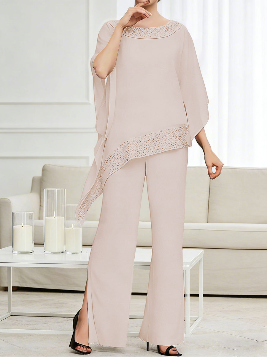 Pantsuits Separates Scoop Neck Sequins Asymmetrical Ankle-Length Mother of the Bride Dress with Slit (SHI22500132)
