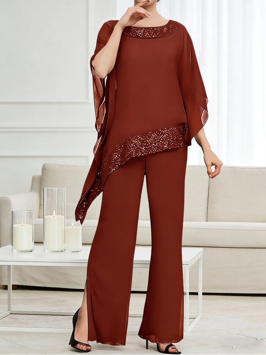 Pantsuits Separates Scoop Neck Sequins Asymmetrical Ankle-Length Mother of the Bride Dress with Slit (SHI22500132)