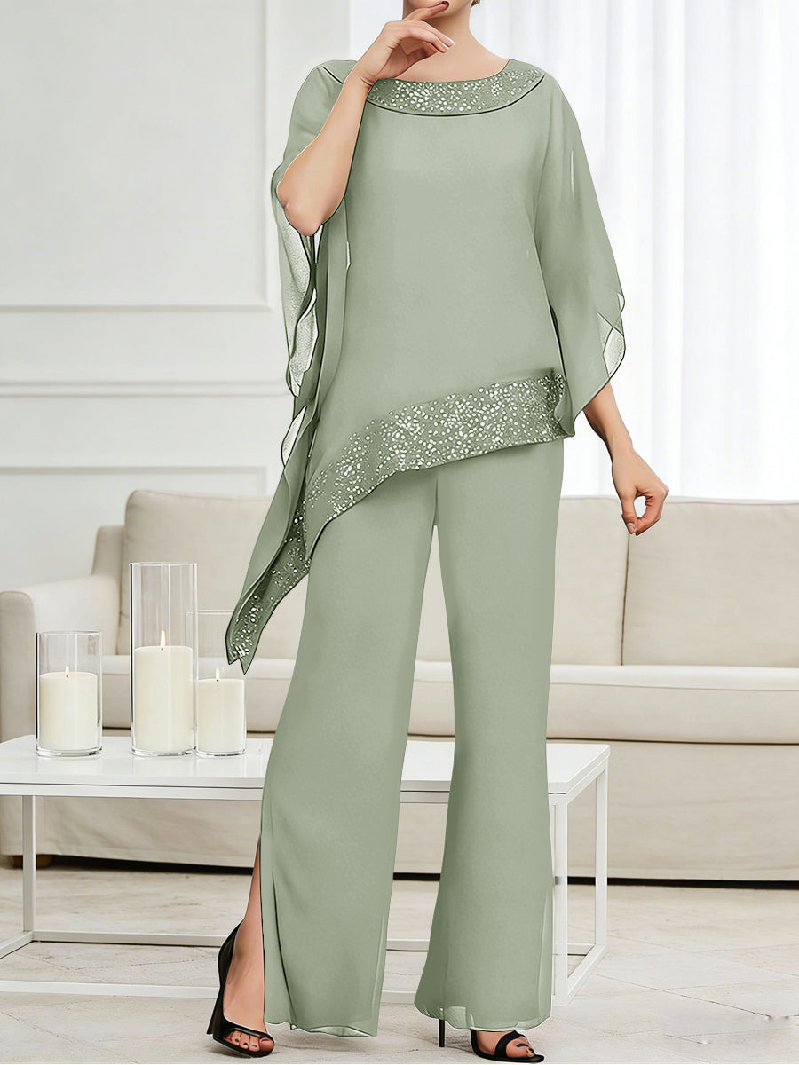 Pantsuits Separates Scoop Neck Sequins Asymmetrical Ankle-Length Mother of the Bride Dress with Slit (SHI22500132)