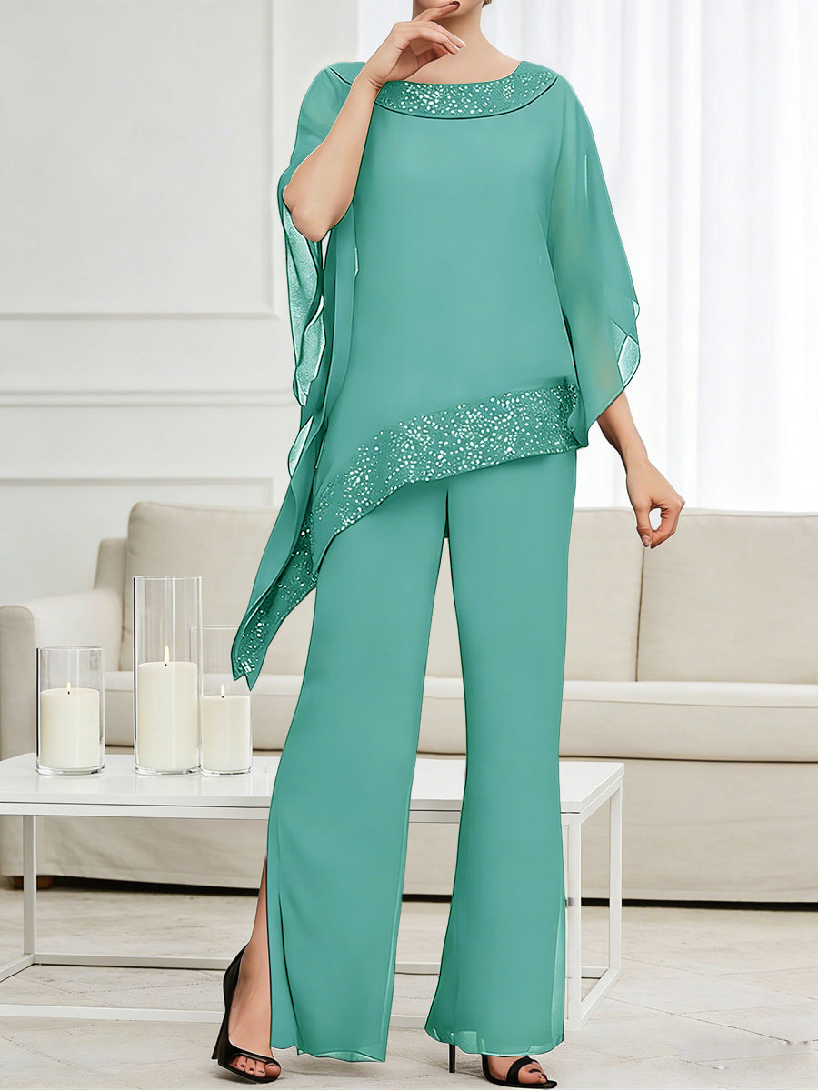 Pantsuits Separates Scoop Neck Sequins Asymmetrical Ankle-Length Mother of the Bride Dress with Slit (SHI22500132)