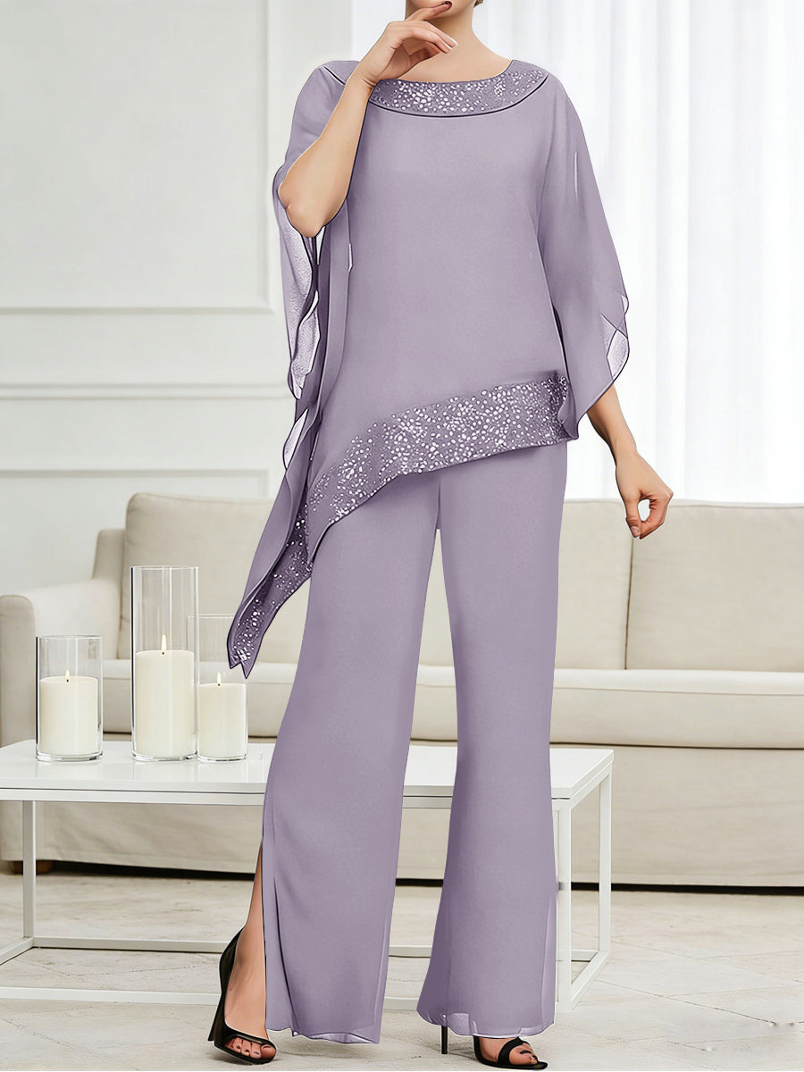 Pantsuits Separates Scoop Neck Sequins Asymmetrical Ankle-Length Mother of the Bride Dress with Slit (SHI22500132)