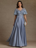 A-Line/Princess V-Neck Illusion Pleated Satin Floor-Length Mother of the Bride Dresses with Sequins (SHI22500150)