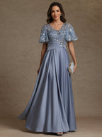 A-Line/Princess V-Neck Illusion Pleated Satin Floor-Length Mother of the Bride Dresses with Sequins (SHI22500150)
