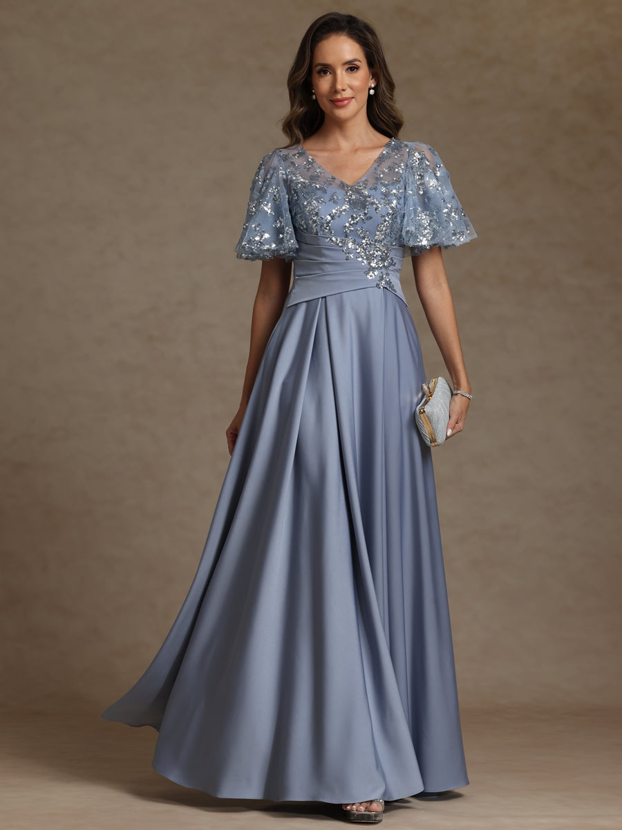 A-Line/Princess V-Neck Illusion Pleated Satin Floor-Length Mother of the Bride Dresses with Sequins (SHI22500150)