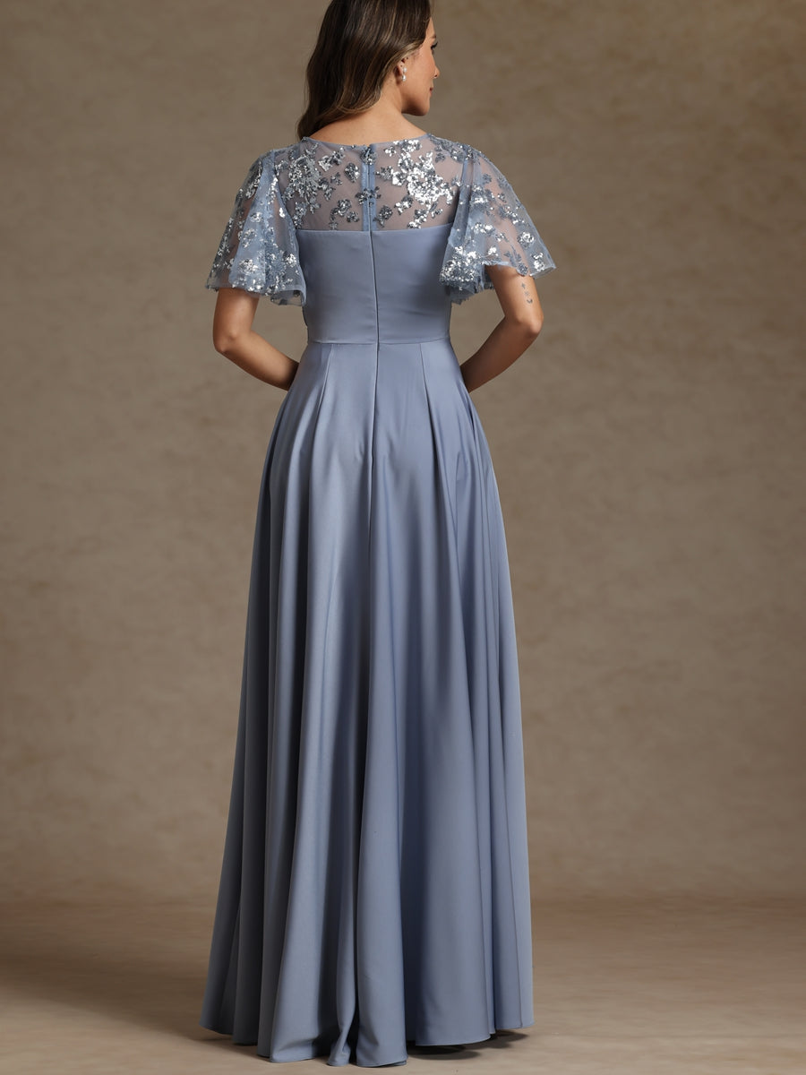 A-Line/Princess V-Neck Illusion Pleated Satin Floor-Length Mother of the Bride Dresses with Sequins (SHI22500150)