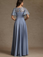 A-Line/Princess V-Neck Illusion Pleated Satin Floor-Length Mother of the Bride Dresses with Sequins (SHI22500150)