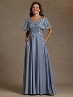 A-Line/Princess V-Neck Illusion Pleated Satin Floor-Length Mother of the Bride Dresses with Sequins (SHI22500150)
