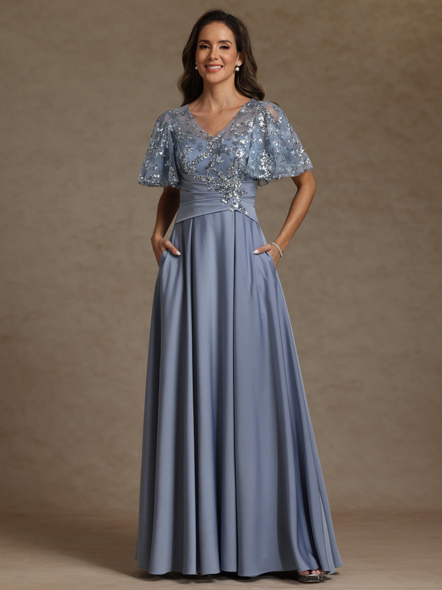 A-Line/Princess V-Neck Illusion Pleated Satin Floor-Length Mother of the Bride Dresses with Sequins (SHI22500150)