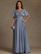 A-Line/Princess V-Neck Illusion Pleated Satin Floor-Length Mother of the Bride Dresses with Sequins (SHI22500150)