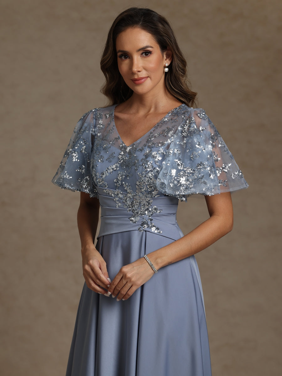 A-Line/Princess V-Neck Illusion Pleated Satin Floor-Length Mother of the Bride Dresses with Sequins (SHI22500150)