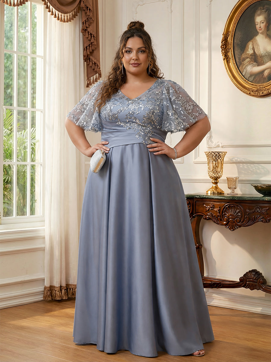 A-Line/Princess V-Neck Illusion Pleated Satin Floor-Length Mother of the Bride Dresses with Sequins (SHI22500150)