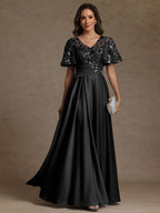 A-Line/Princess V-Neck Illusion Pleated Satin Floor-Length Mother of the Bride Dresses with Sequins (SHI22500150)