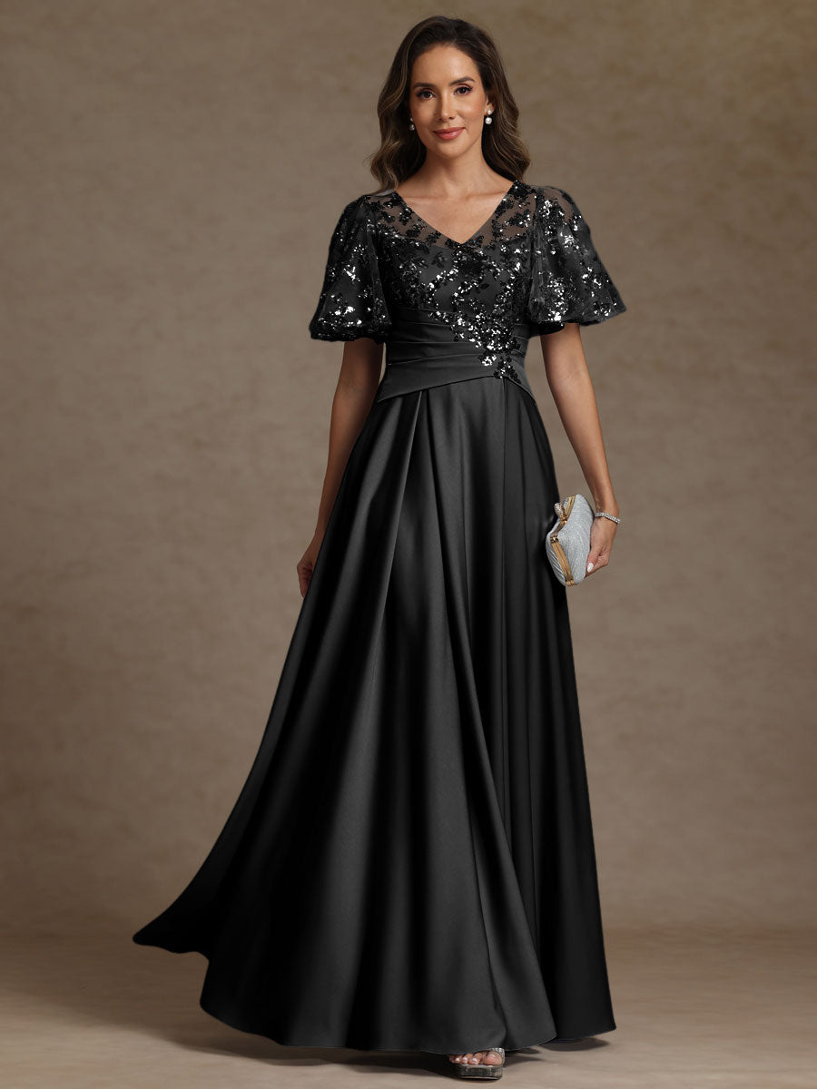 A-Line/Princess V-Neck Illusion Pleated Satin Floor-Length Mother of the Bride Dresses with Sequins (SHI22500150)