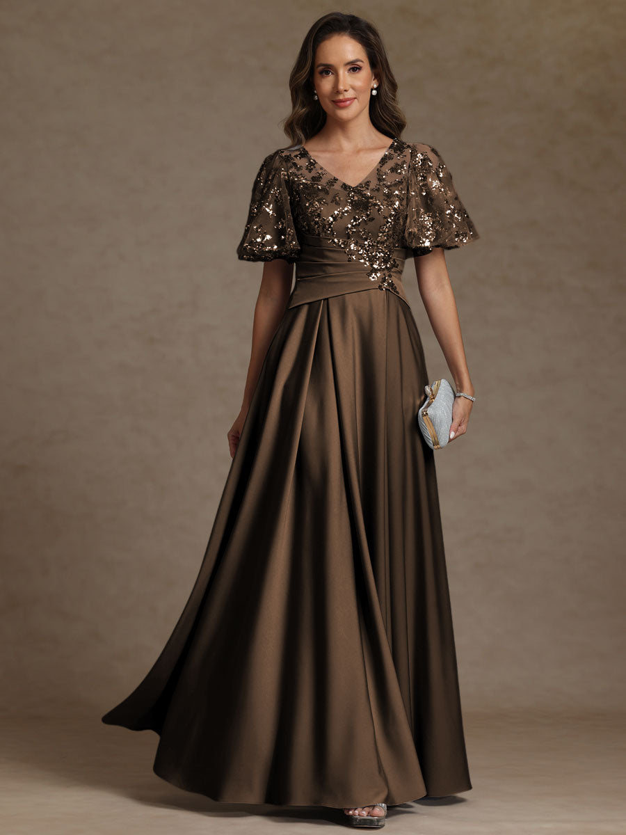 A-Line/Princess V-Neck Illusion Pleated Satin Floor-Length Mother of the Bride Dresses with Sequins (SHI22500150)