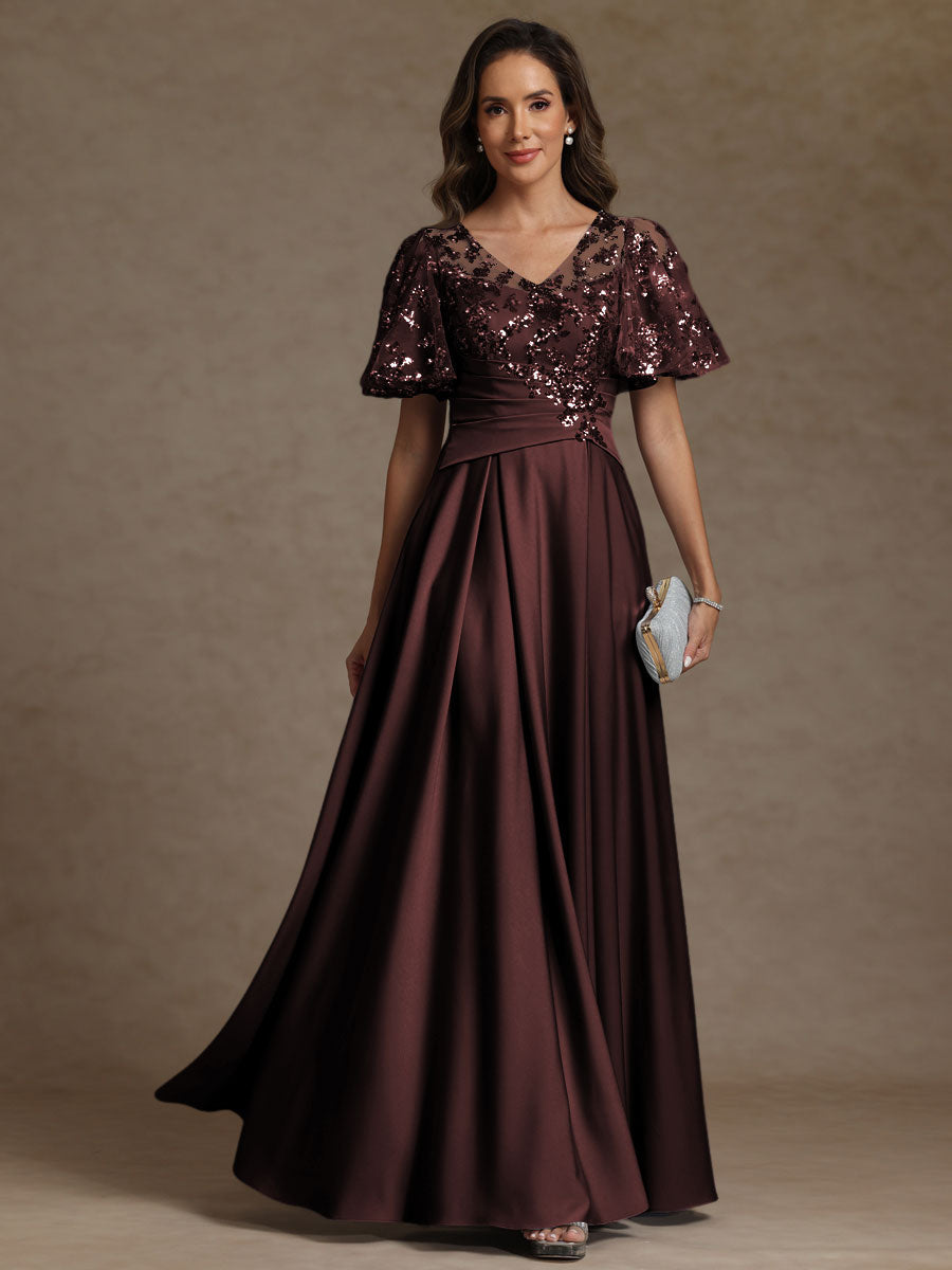 A-Line/Princess V-Neck Illusion Pleated Satin Floor-Length Mother of the Bride Dresses with Sequins (SHI22500150)