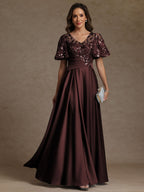 A-Line/Princess V-Neck Illusion Pleated Satin Floor-Length Mother of the Bride Dresses with Sequins (SHI22500150)