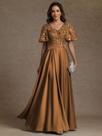 A-Line/Princess V-Neck Illusion Pleated Satin Floor-Length Mother of the Bride Dresses with Sequins (SHI22500150)
