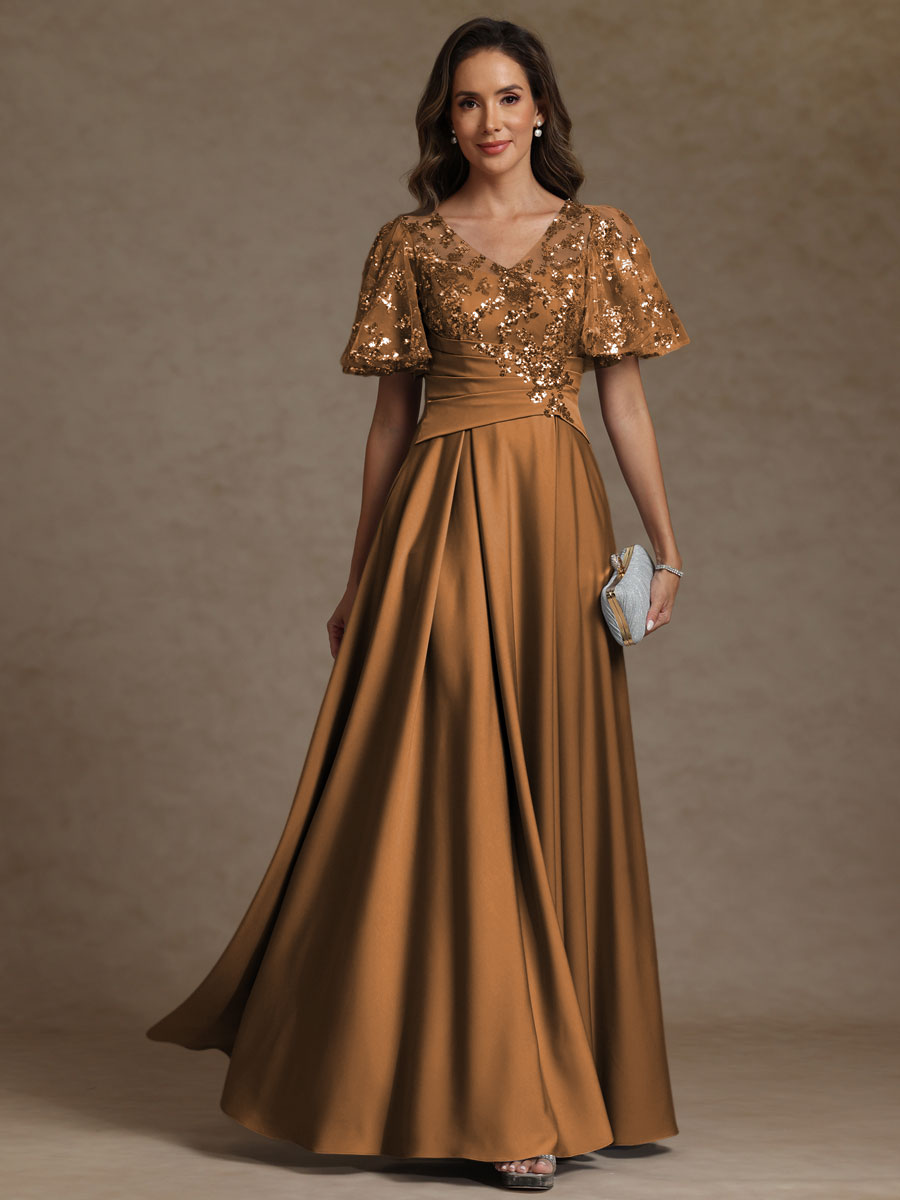 A-Line/Princess V-Neck Illusion Pleated Satin Floor-Length Mother of the Bride Dresses with Sequins (SHI22500150)