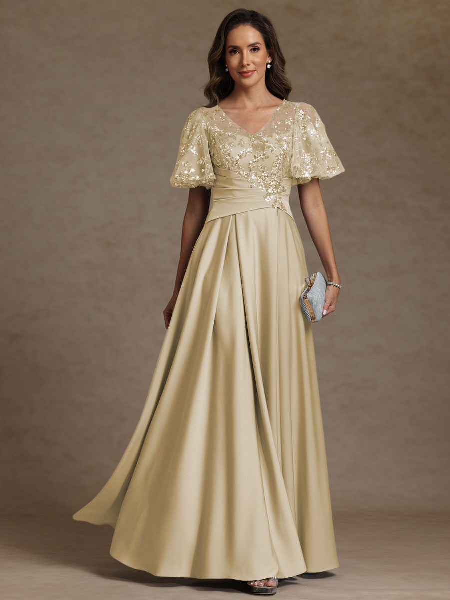 A-Line/Princess V-Neck Illusion Pleated Satin Floor-Length Mother of the Bride Dresses with Sequins (SHI22500150)