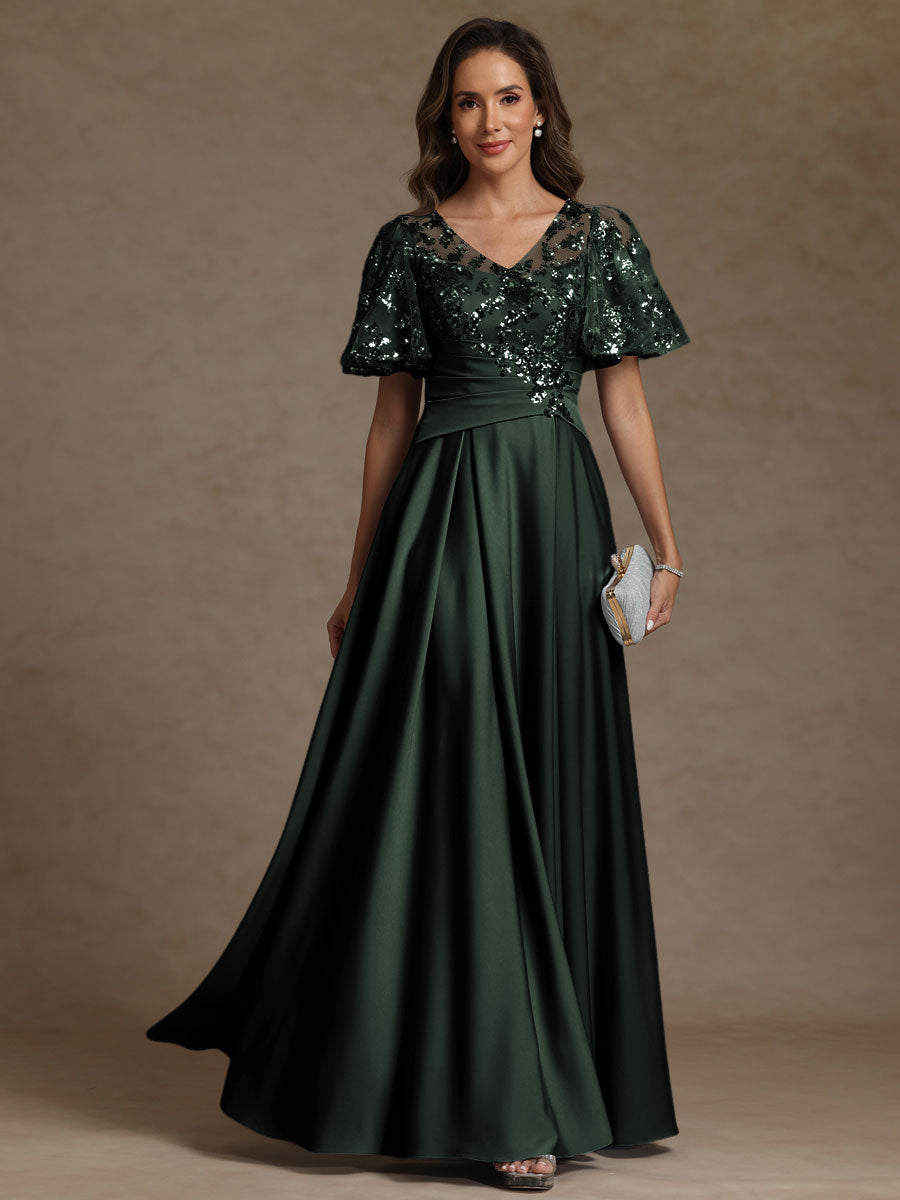 A-Line/Princess V-Neck Illusion Pleated Satin Floor-Length Mother of the Bride Dresses with Sequins (SHI22500150)
