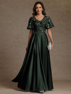 A-Line/Princess V-Neck Illusion Pleated Satin Floor-Length Mother of the Bride Dresses with Sequins (SHI22500150)