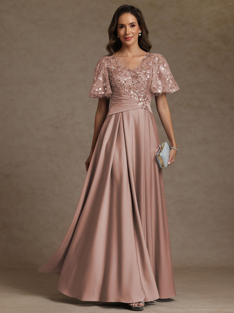 A-Line/Princess V-Neck Illusion Pleated Satin Floor-Length Mother of the Bride Dresses with Sequins (SHI22500150)