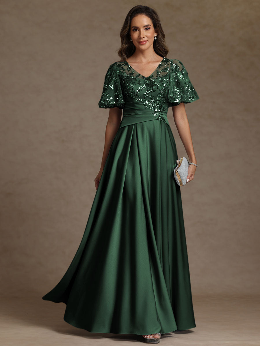 A-Line/Princess V-Neck Illusion Pleated Satin Floor-Length Mother of the Bride Dresses with Sequins (SHI22500150)