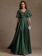 A-Line/Princess V-Neck Illusion Pleated Satin Floor-Length Mother of the Bride Dresses with Sequins (SHI22500150)