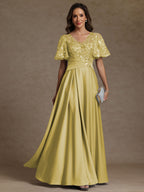 A-Line/Princess V-Neck Illusion Pleated Satin Floor-Length Mother of the Bride Dresses with Sequins (SHI22500150)
