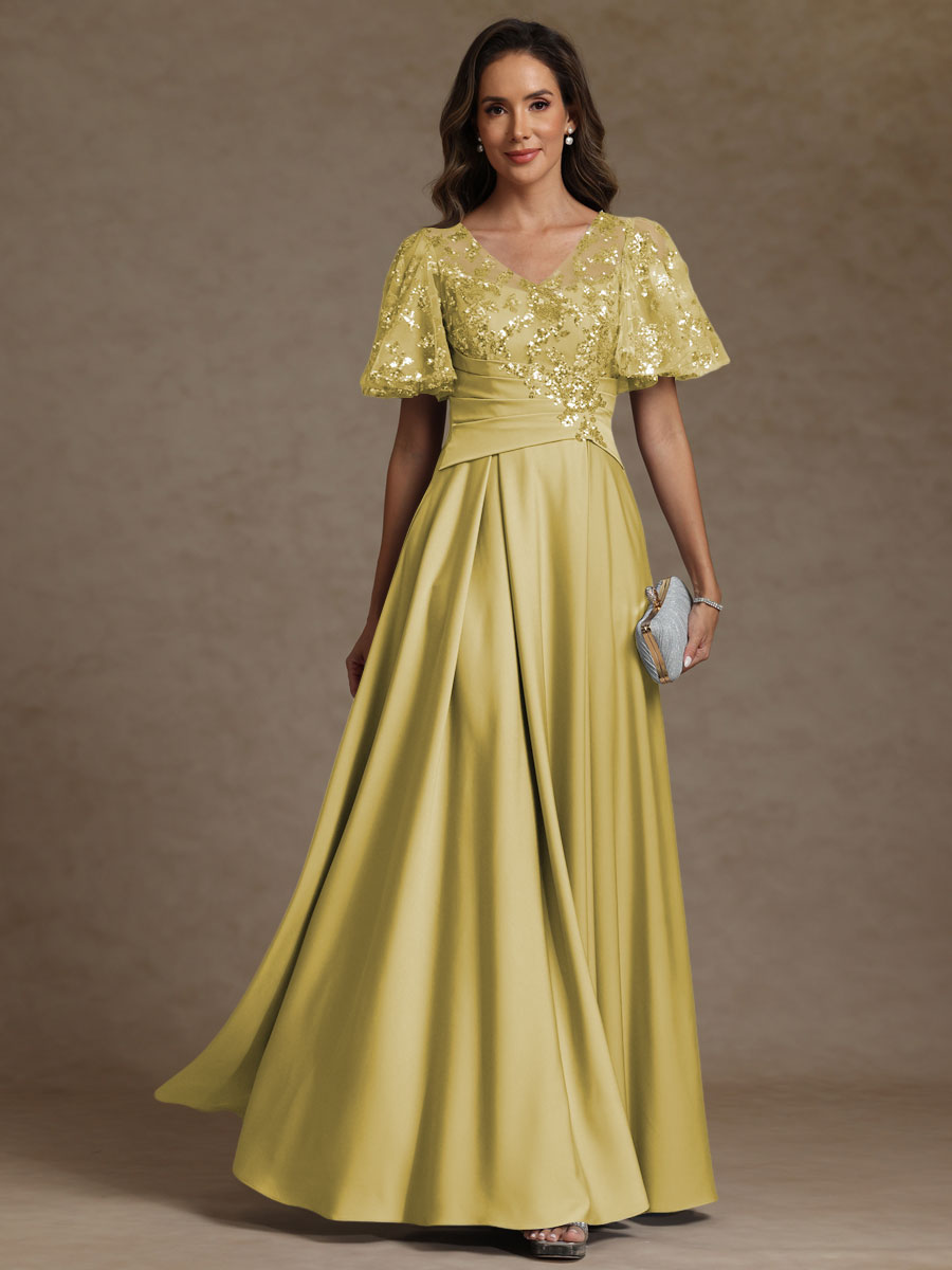 A-Line/Princess V-Neck Illusion Pleated Satin Floor-Length Mother of the Bride Dresses with Sequins (SHI22500150)
