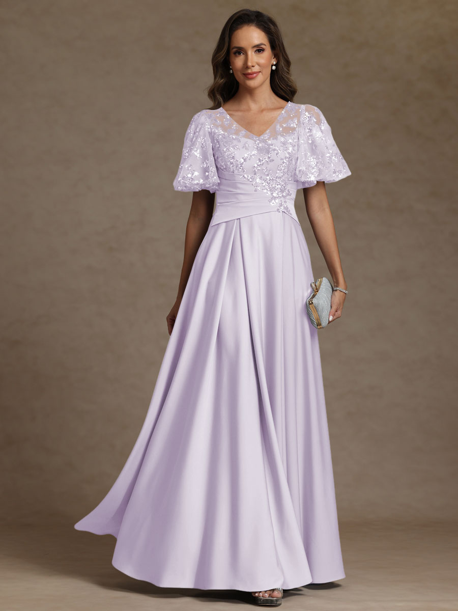 A-Line/Princess V-Neck Illusion Pleated Satin Floor-Length Mother of the Bride Dresses with Sequins (SHI22500150)