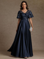 A-Line/Princess V-Neck Illusion Pleated Satin Floor-Length Mother of the Bride Dresses with Sequins (SHI22500150)
