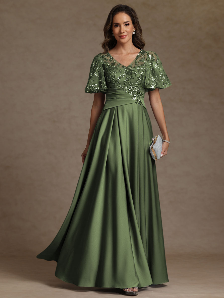 A-Line/Princess V-Neck Illusion Pleated Satin Floor-Length Mother of the Bride Dresses with Sequins (SHI22500150)