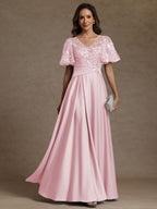 A-Line/Princess V-Neck Illusion Pleated Satin Floor-Length Mother of the Bride Dresses with Sequins (SHI22500150)