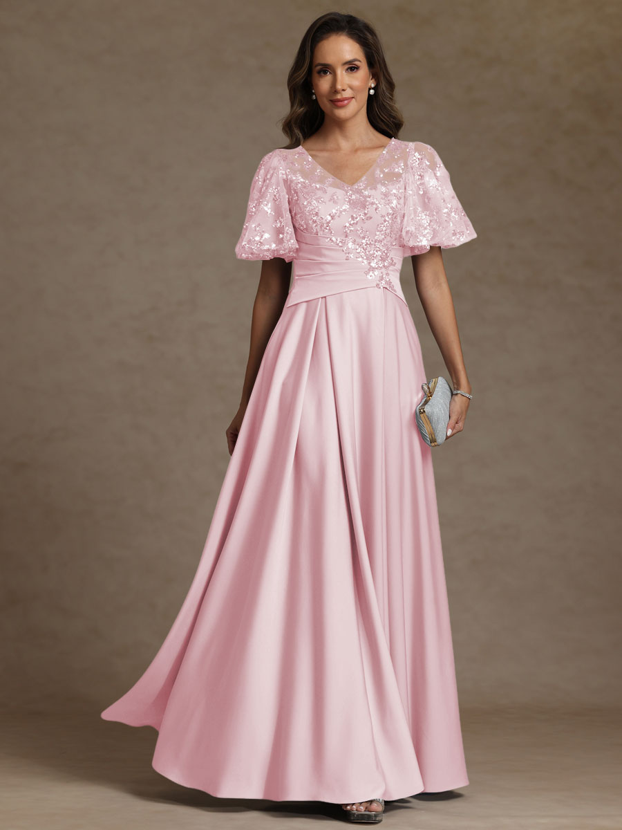 A-Line/Princess V-Neck Illusion Pleated Satin Floor-Length Mother of the Bride Dresses with Sequins (SHI22500150)