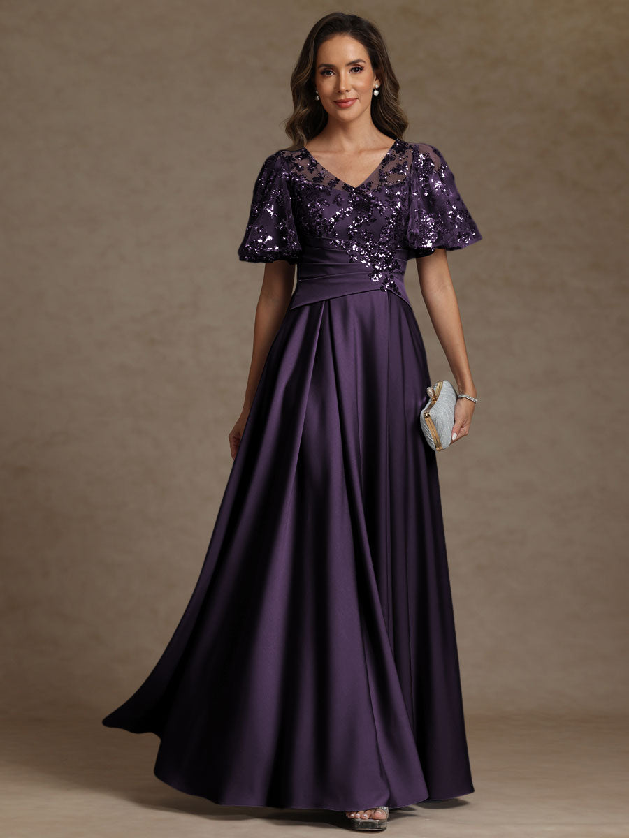 A-Line/Princess V-Neck Illusion Pleated Satin Floor-Length Mother of the Bride Dresses with Sequins (SHI22500150)