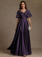 A-Line/Princess V-Neck Illusion Pleated Satin Floor-Length Mother of the Bride Dresses with Sequins (SHI22500150)