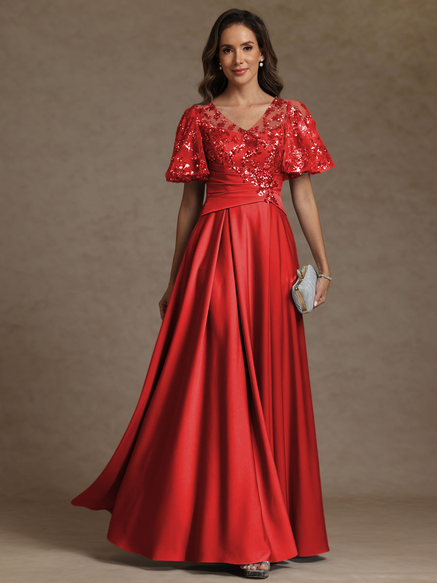 A-Line/Princess V-Neck Illusion Pleated Satin Floor-Length Mother of the Bride Dresses with Sequins (SHI22500150)