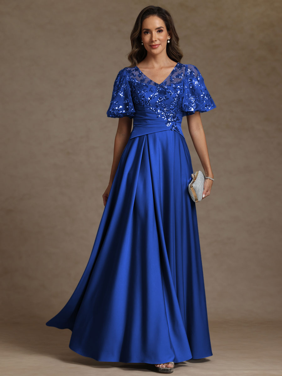 A-Line/Princess V-Neck Illusion Pleated Satin Floor-Length Mother of the Bride Dresses with Sequins (SHI22500150)