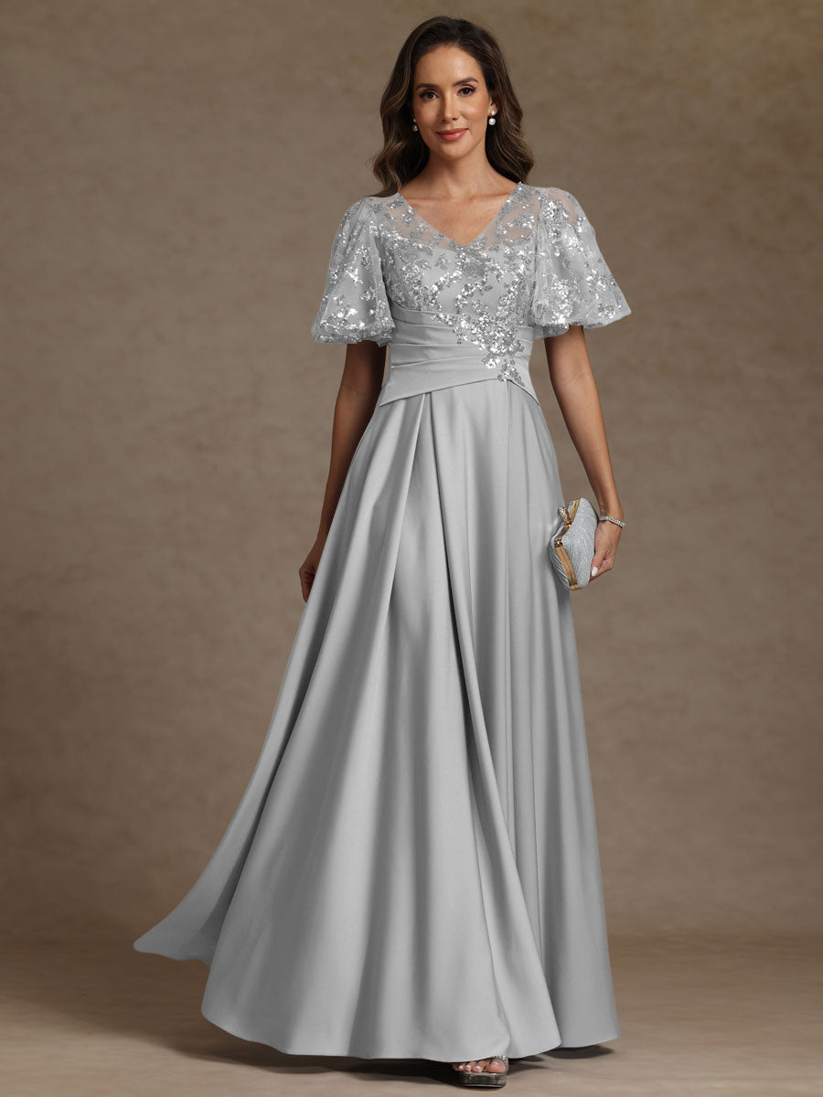 A-Line/Princess V-Neck Illusion Pleated Satin Floor-Length Mother of the Bride Dresses with Sequins (SHI22500150)
