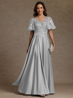 A-Line/Princess V-Neck Illusion Pleated Satin Floor-Length Mother of the Bride Dresses with Sequins (SHI22500150)