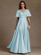 A-Line/Princess V-Neck Illusion Pleated Satin Floor-Length Mother of the Bride Dresses with Sequins (SHI22500150)